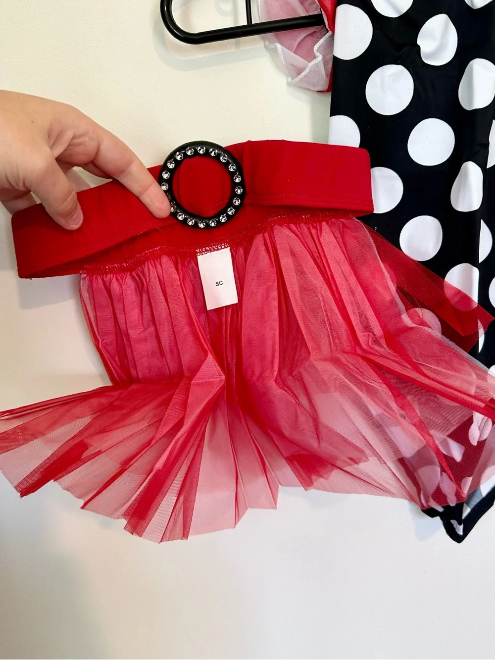 NEW Black & White Polka Dot One-Shoulder Dance Leotard with Red Tutu Skirt